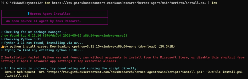 python error during hermes installation